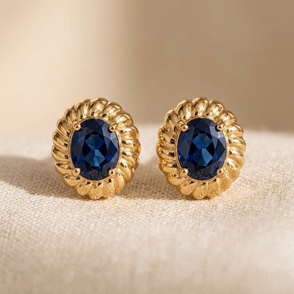 Gold-Tone Rope-Frame Stud Earrings with Oval Blue Stones