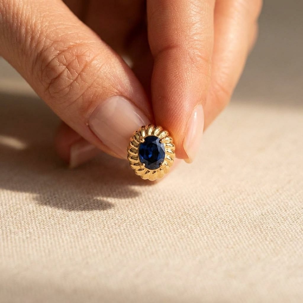 Gold-Tone Rope-Frame Stud Earrings with Oval Blue Stones