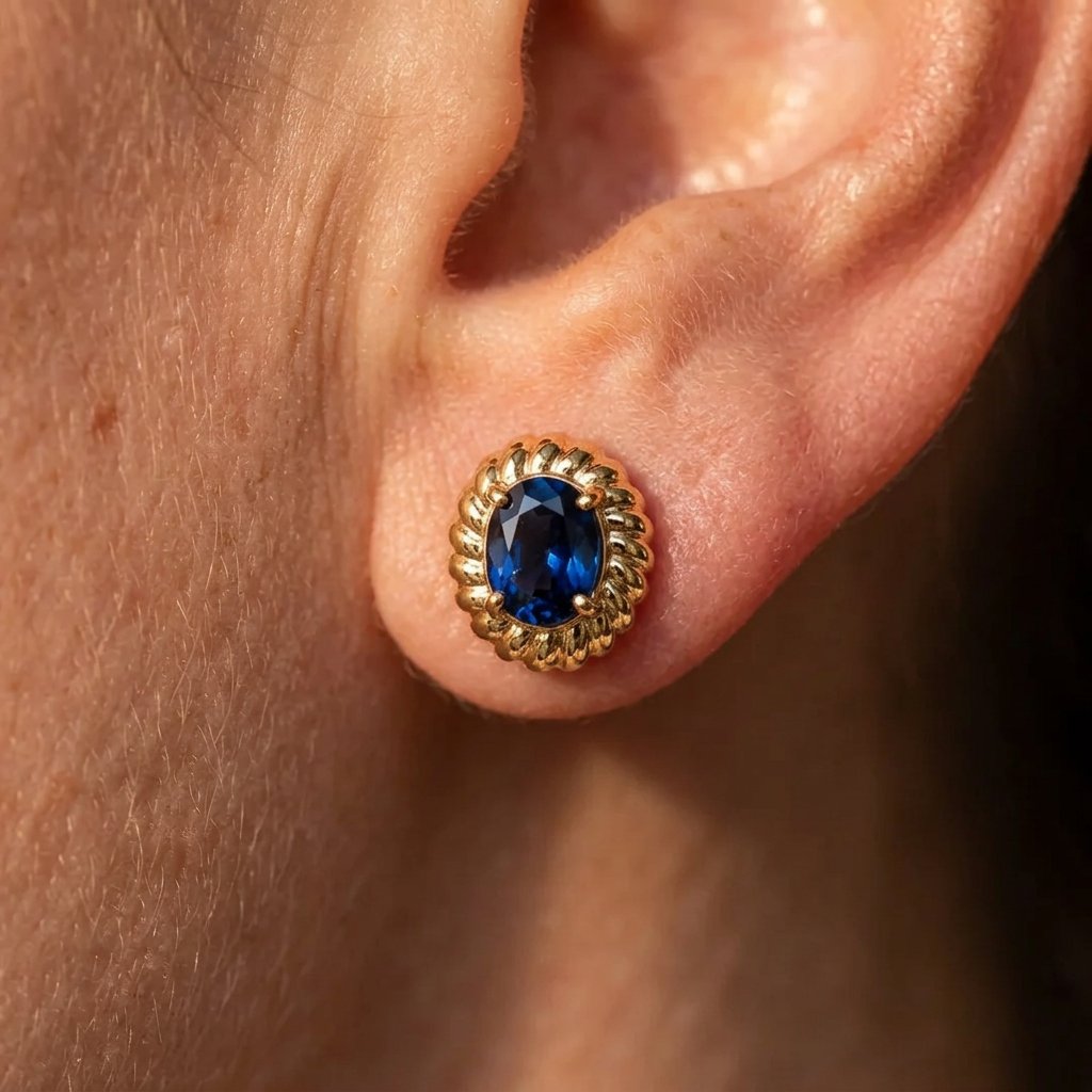 Gold-Tone Rope-Frame Stud Earrings with Oval Blue Stones