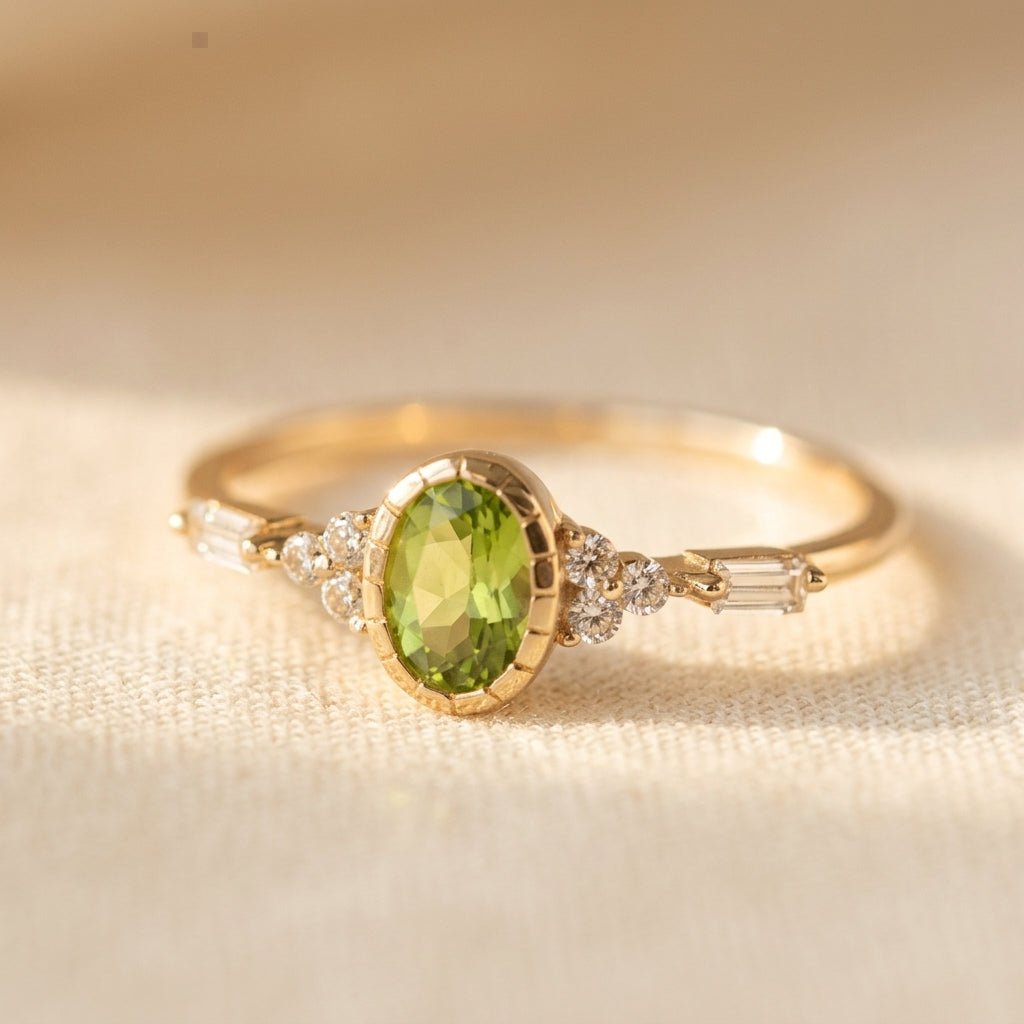 Elodie Oval Peridot and Baguette Diamond Ring in Yellow Gold — Emma Parker Jewelry