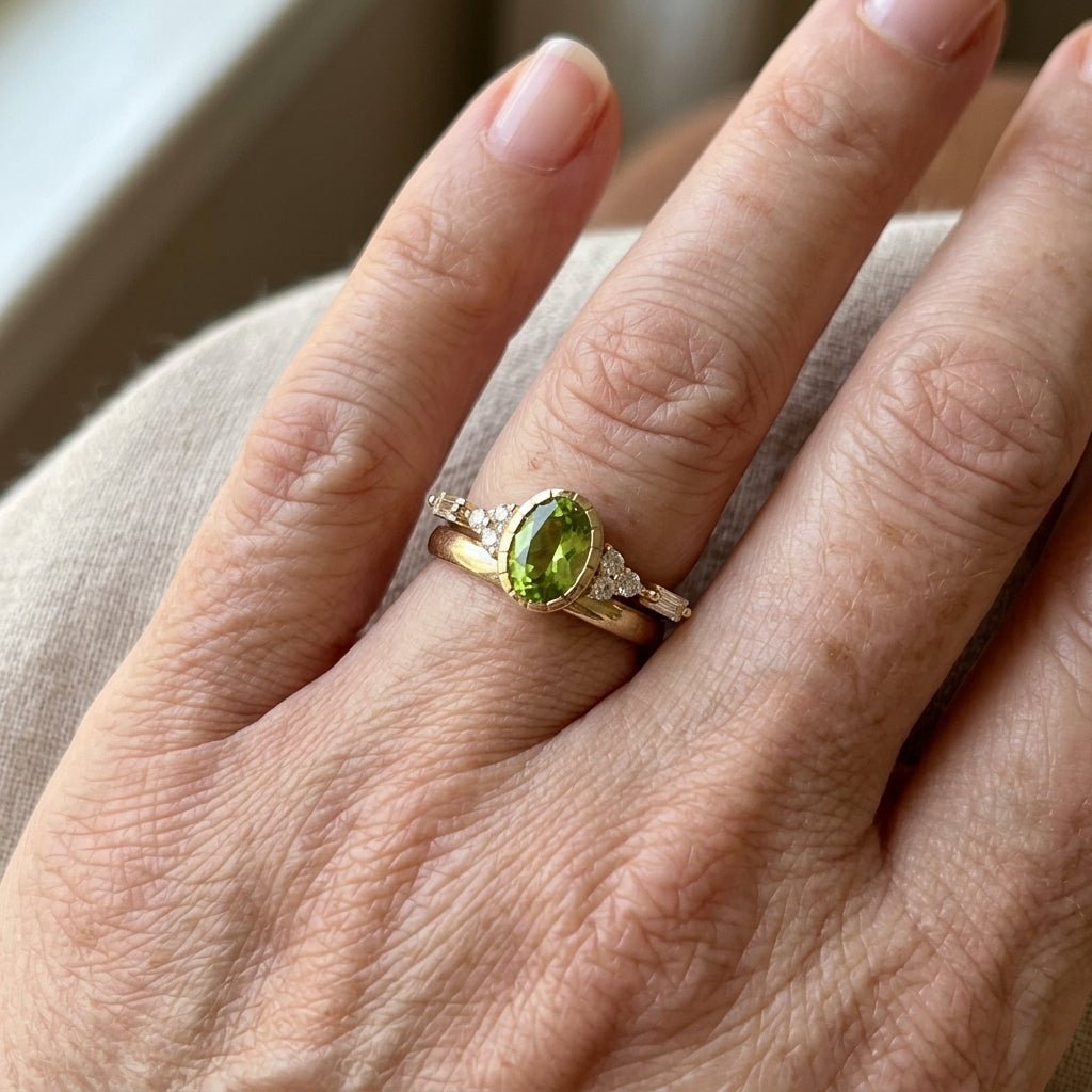 Elodie Oval Peridot and Baguette Diamond Ring in Yellow Gold — Emma Parker Jewelry