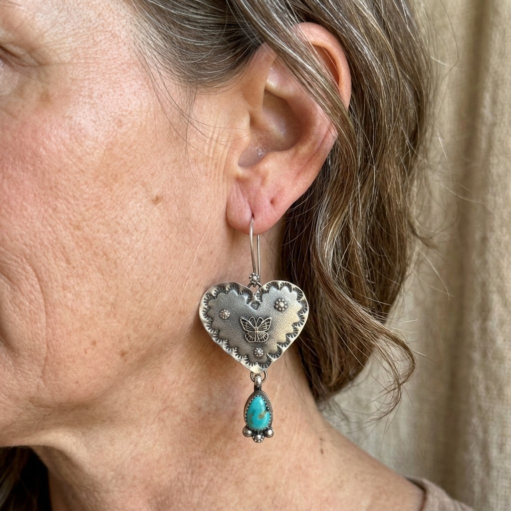 Artisan Handmade Turquoise Silvery Heart Dangle Handmade Earring — Emma Parker Jewelry