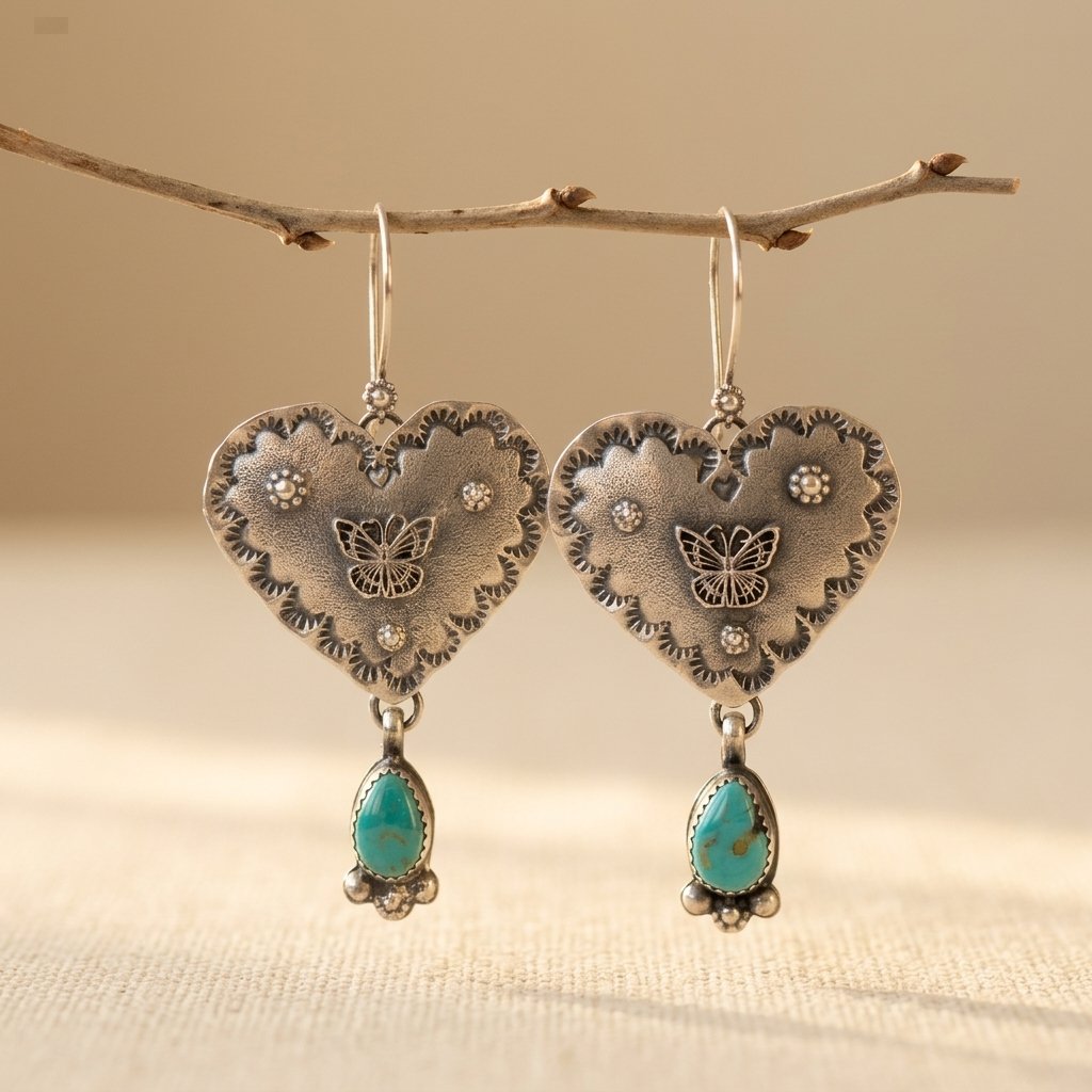 Artisan Handmade Turquoise Silvery Heart Dangle Handmade Earring — Emma Parker Jewelry