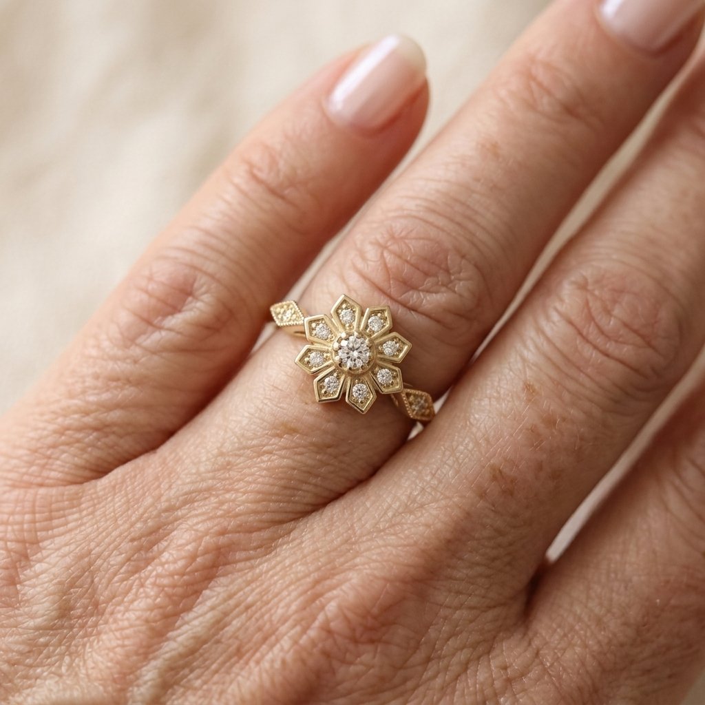 French Style Cubic Zirconia Flower Ring with a Polished Statemen — Emma Parker Jewelry