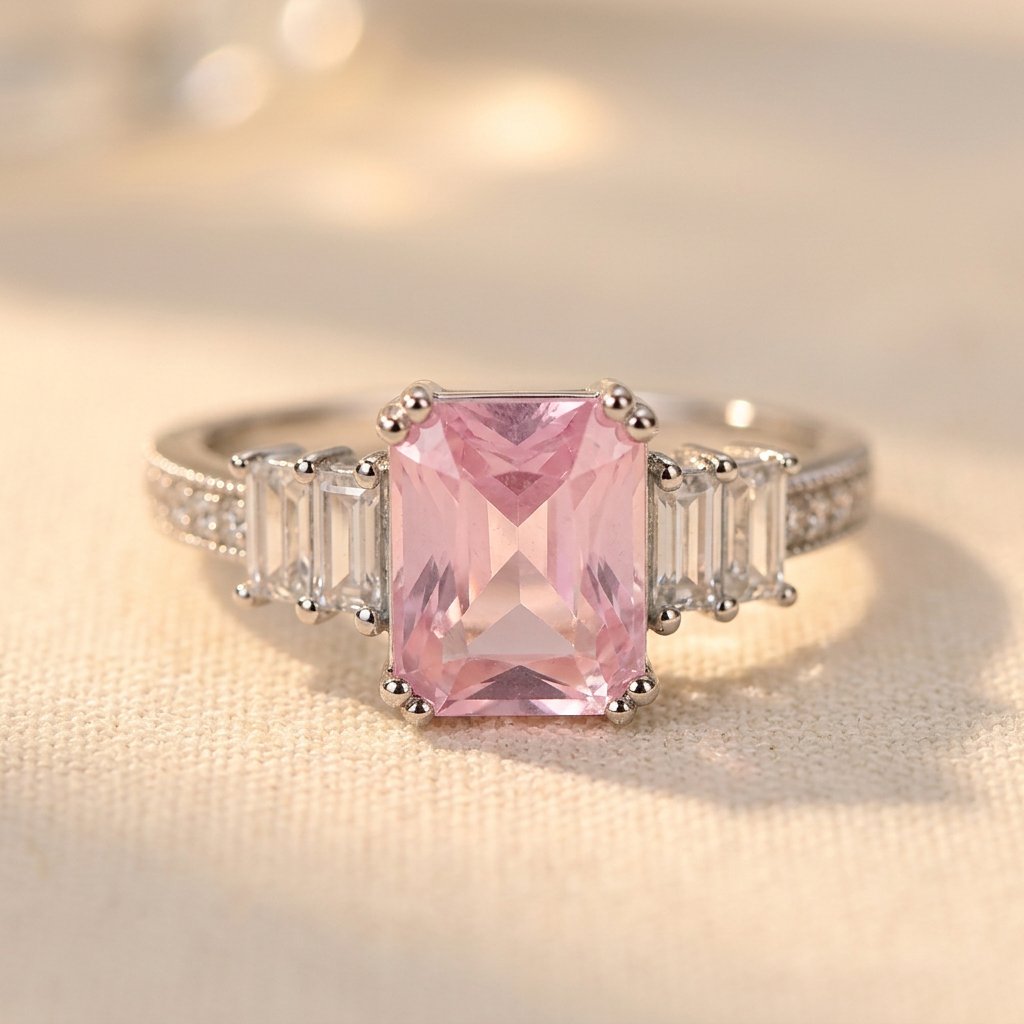 Silver-Tone Pink Rectangle Ring with Stepped Baguette Sides