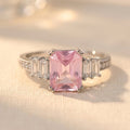 Silver-Tone Pink Rectangle Ring with Stepped Baguette Sides