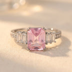 Silver-Tone Pink Rectangle Ring with Stepped Baguette Sides