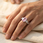 Silver-Tone Pink Rectangle Ring with Stepped Baguette Sides