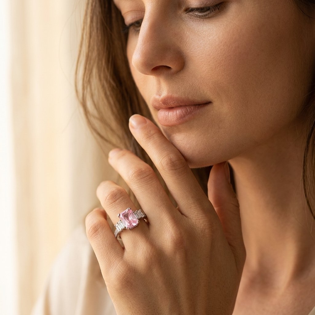 Silver-Tone Pink Rectangle Ring with Stepped Baguette Sides