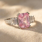 Silver-Tone Pink Rectangle Ring with Stepped Baguette Sides