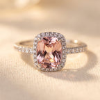 Silver-Tone Peach Cushion Halo Ring with Pavé Band