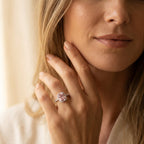 Silver-Tone Peach Cushion Halo Ring with Pavé Band