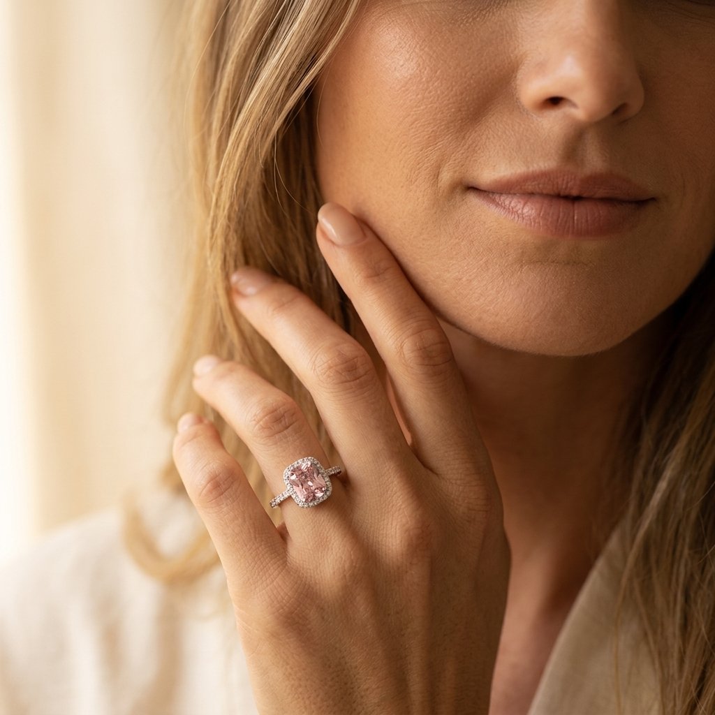 Silver-Tone Peach Cushion Halo Ring with Pavé Band