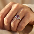 Silver-Tone Peach Cushion Halo Ring with Pavé Band