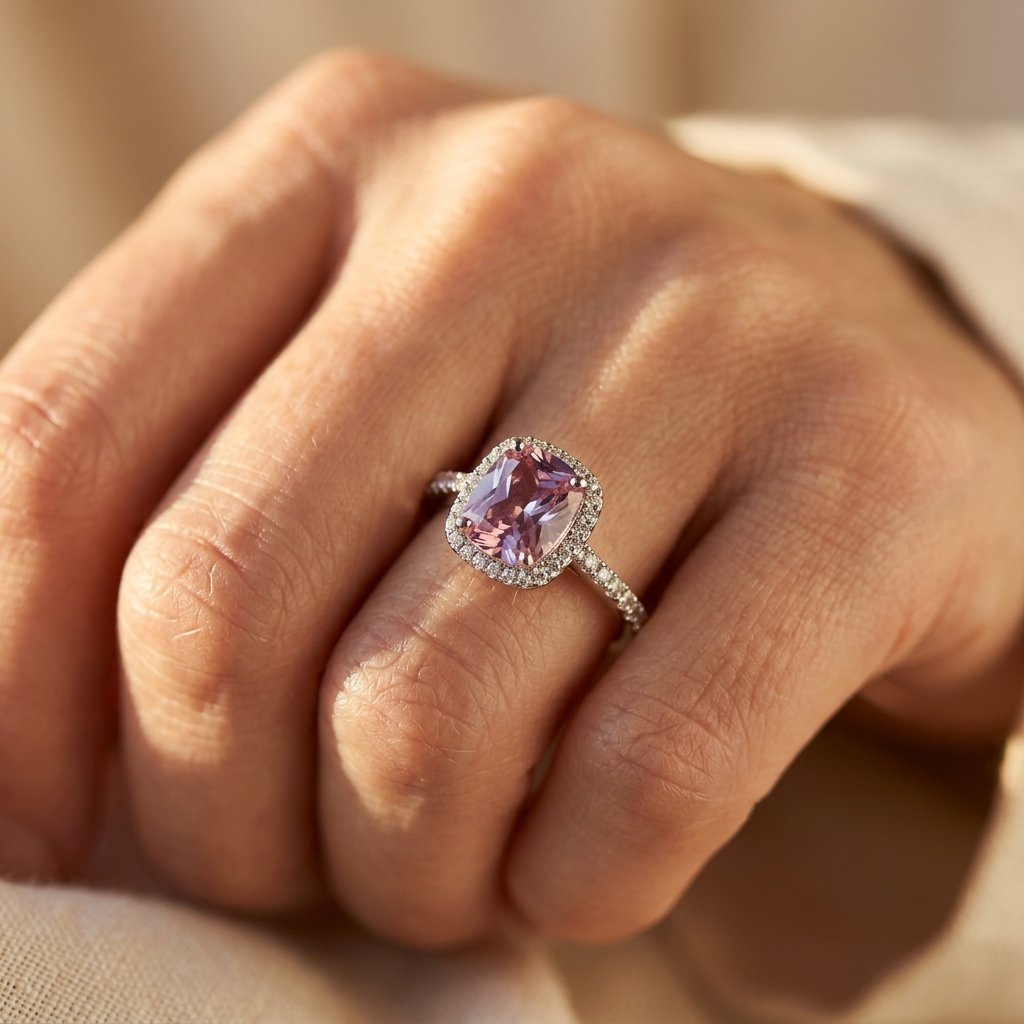 Silver-Tone Peach Cushion Halo Ring with Pavé Band