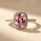 Silver-Tone Peach Cushion Halo Ring with Pavé Band