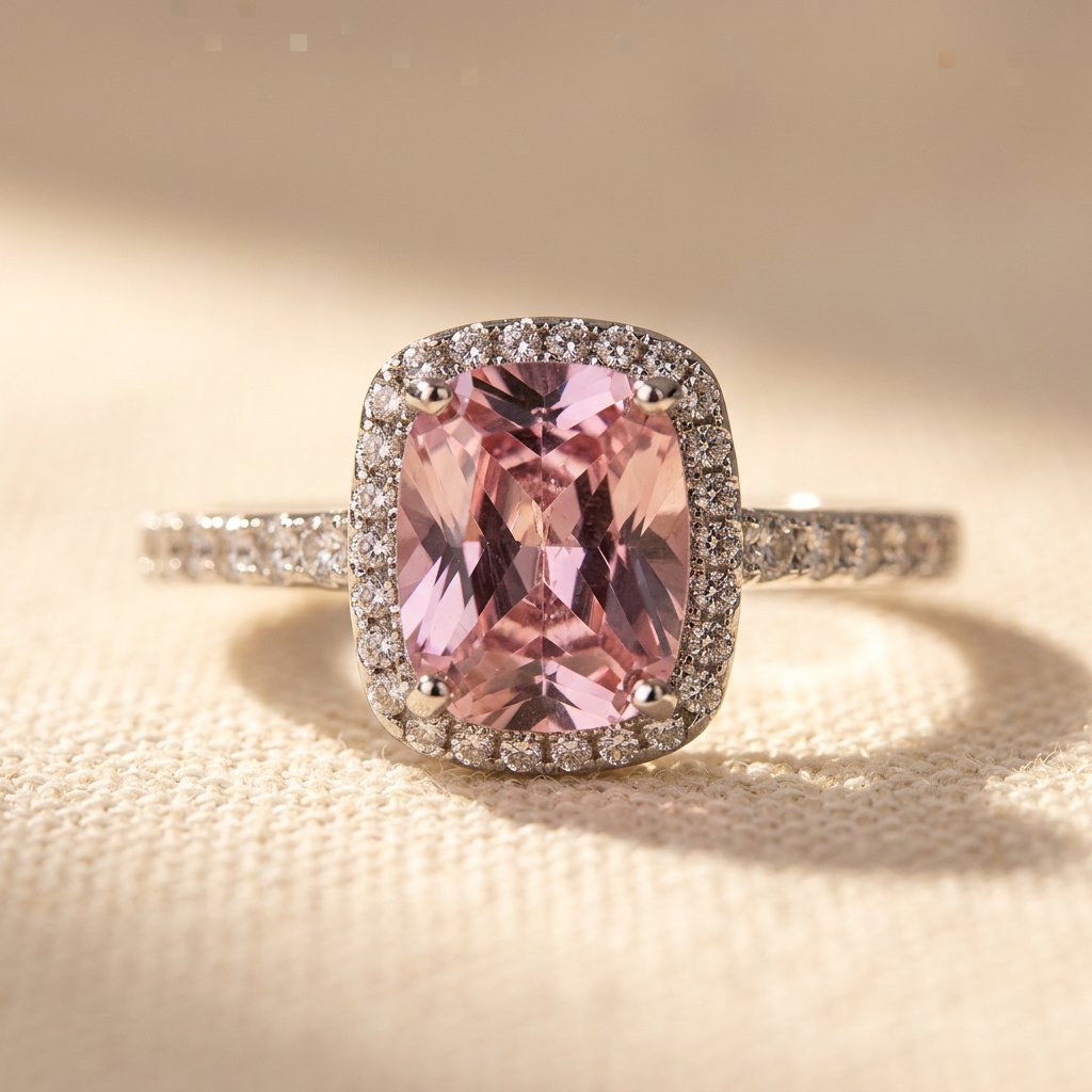 Silver-Tone Peach Cushion Halo Ring with Pavé Band