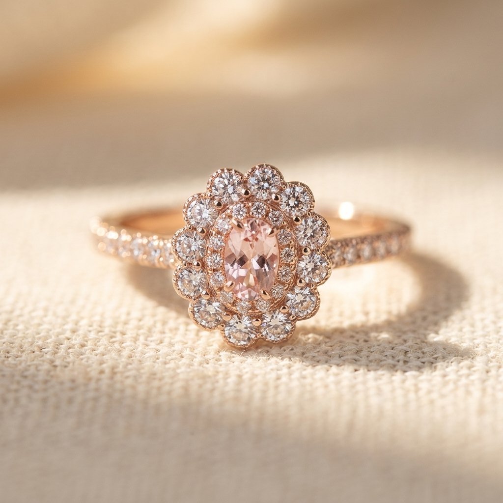 Rose Gold-Tone Double Halo Ring with Blush Oval Stone