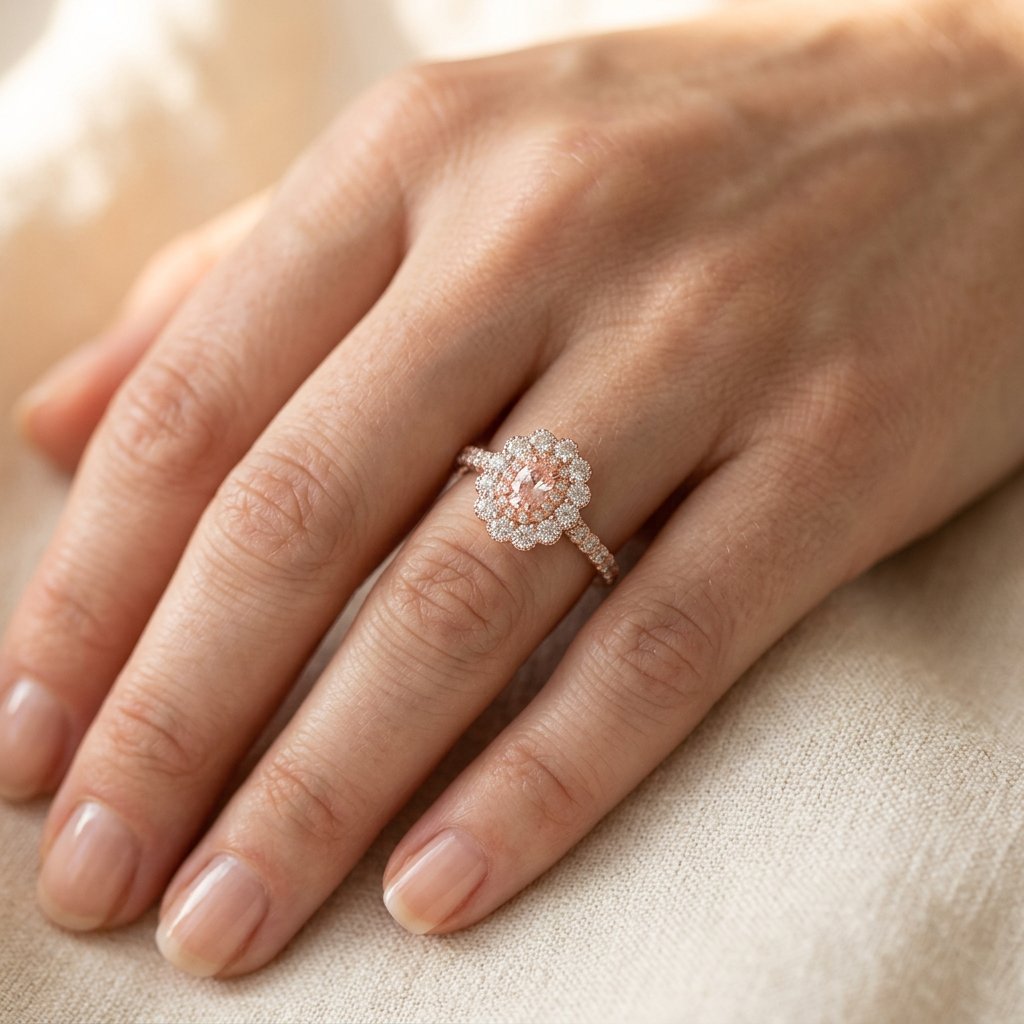 Rose Gold-Tone Double Halo Ring with Blush Oval Stone