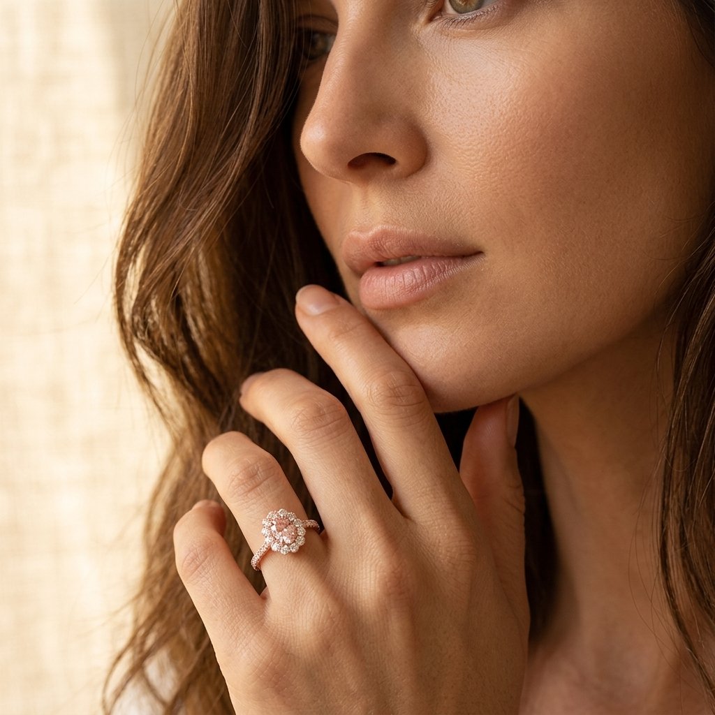 Rose Gold-Tone Double Halo Ring with Blush Oval Stone