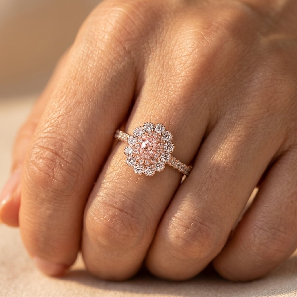Rose Gold-Tone Double Halo Ring with Blush Oval Stone