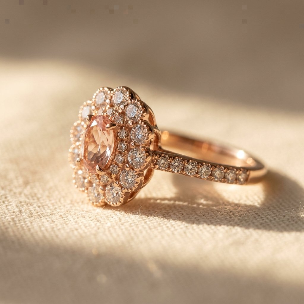 Rose Gold-Tone Double Halo Ring with Blush Oval Stone