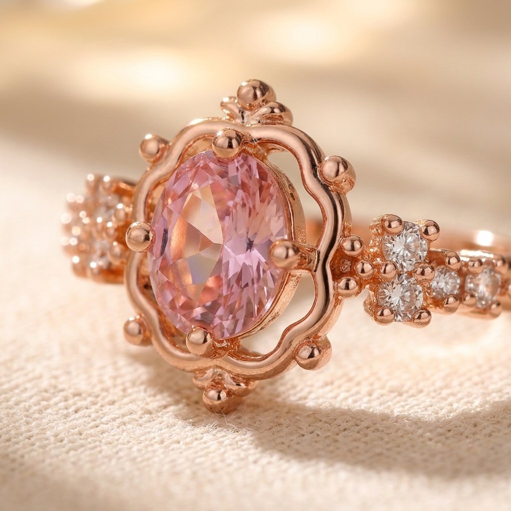 Rose Gold-Tone Beaded Frame Ring with Oval Pink Stone
