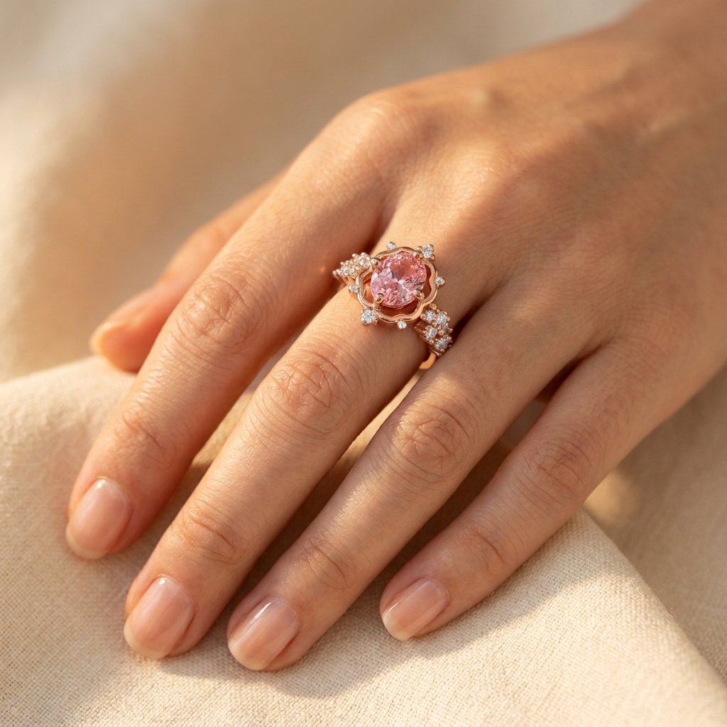 Rose Gold-Tone Beaded Frame Ring with Oval Pink Stone