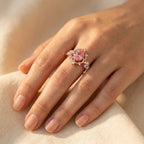 Rose Gold-Tone Beaded Frame Ring with Oval Pink Stone