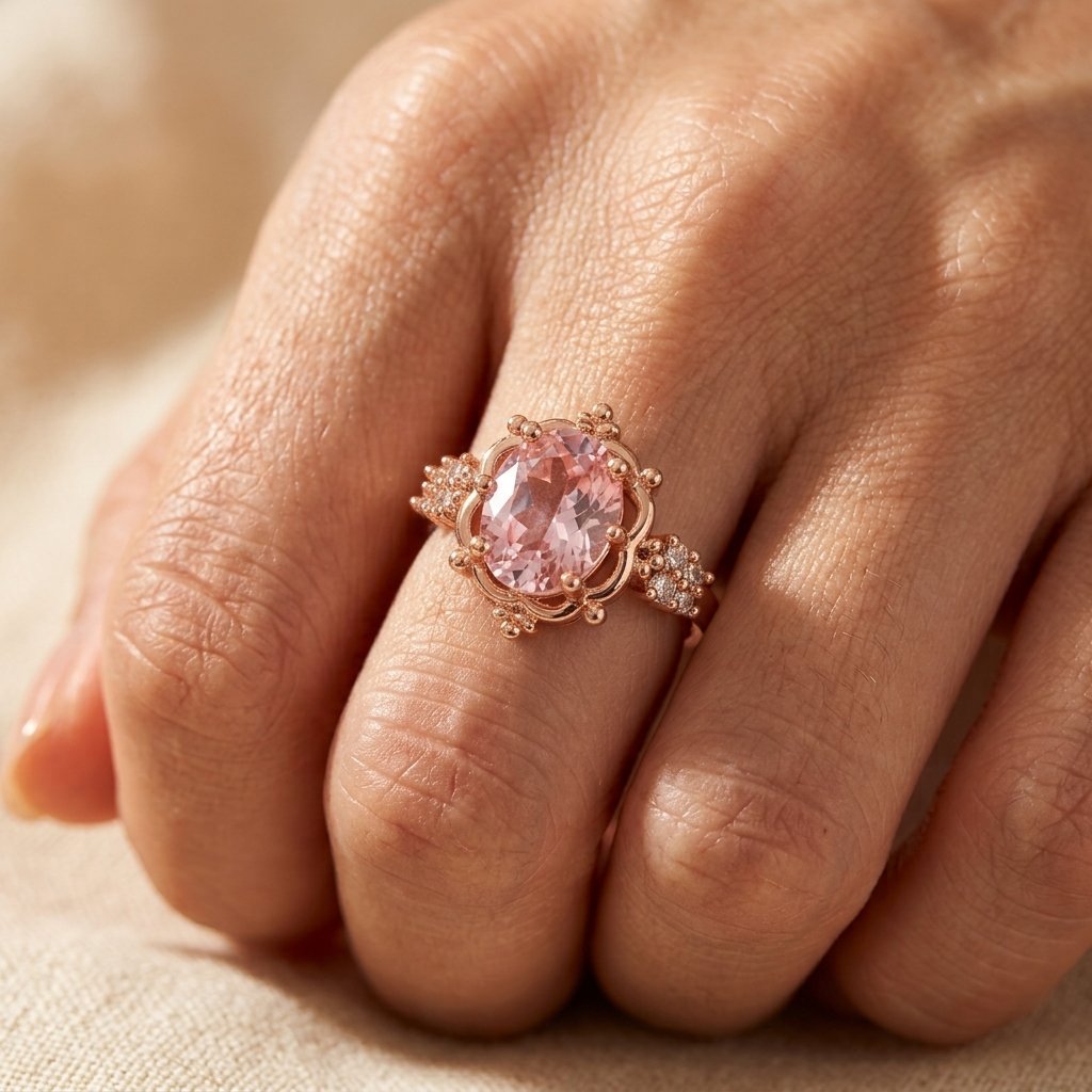 Rose Gold-Tone Beaded Frame Ring with Oval Pink Stone