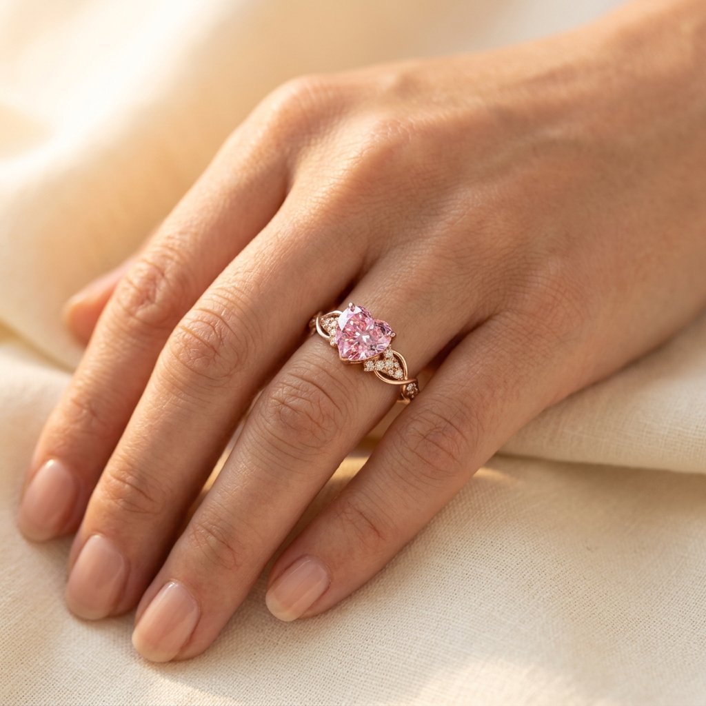 Rose Gold-Tone Heart Stone Ring with Twisted Vine Shoulders