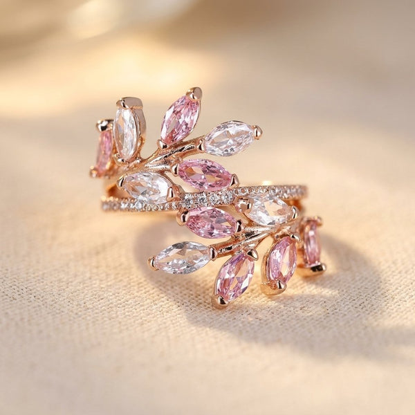 Rose Gold-Tone Bypass Ring with Pink and Clear Marquise Leaves