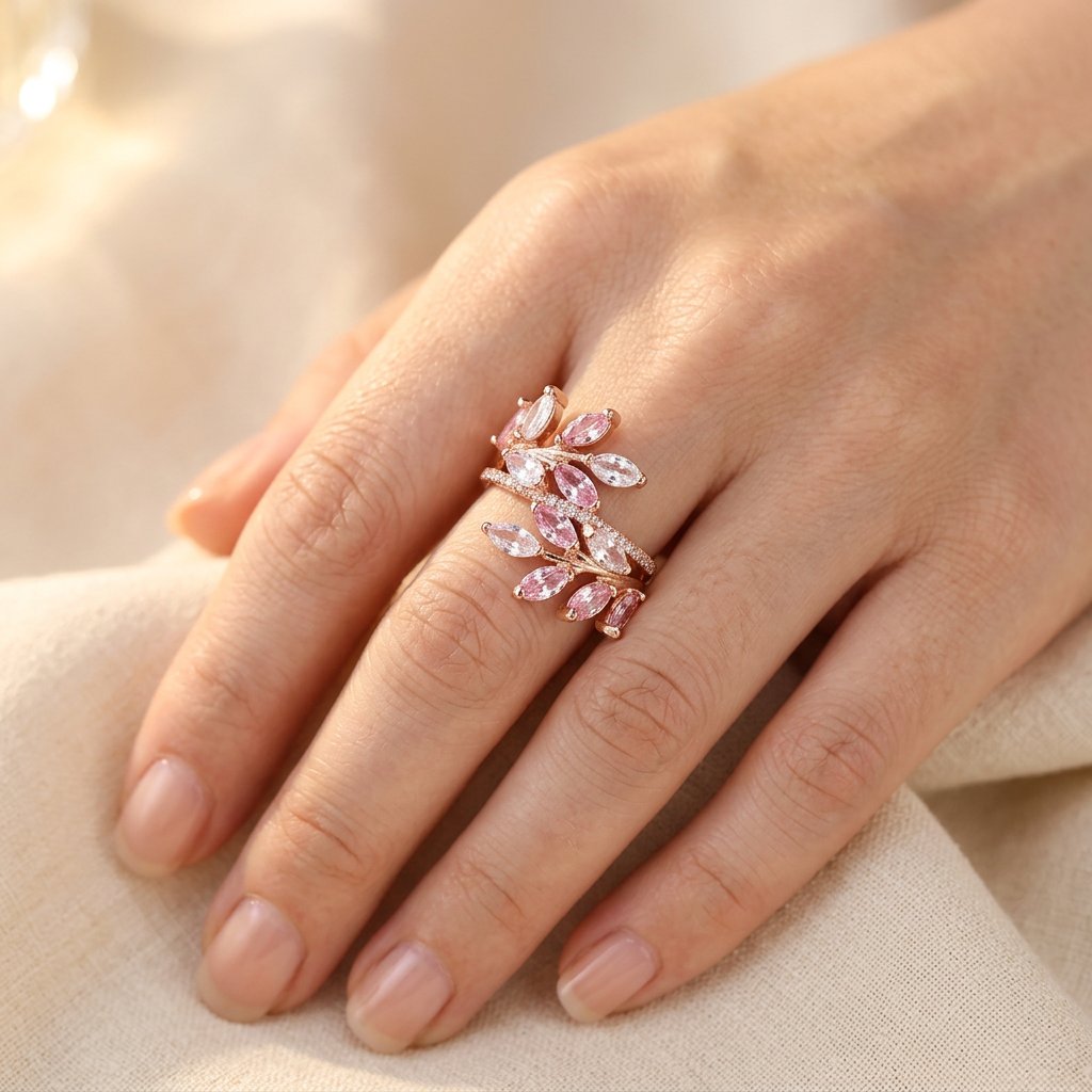 Rose Gold-Tone Bypass Ring with Pink and Clear Marquise Leaves