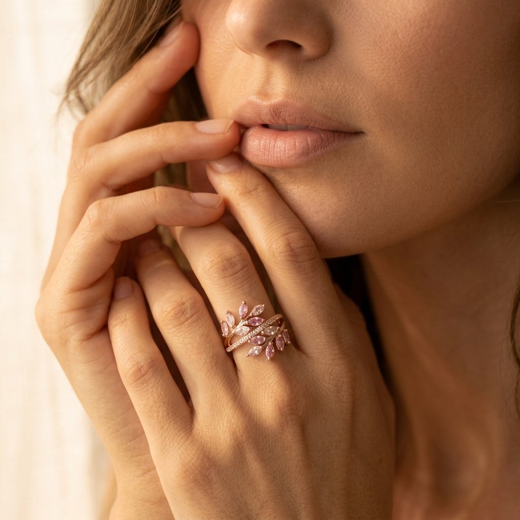 Rose Gold-Tone Bypass Ring with Pink and Clear Marquise Leaves