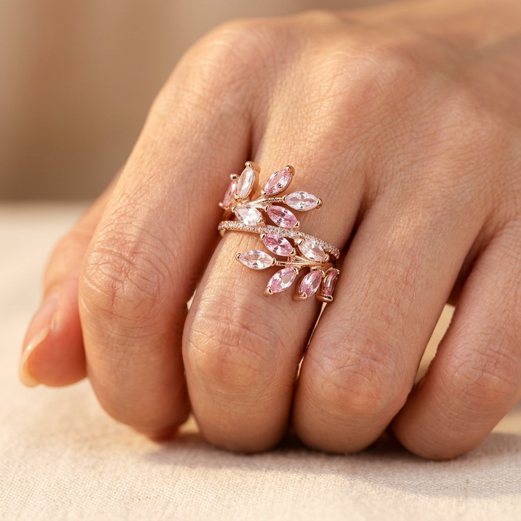 Rose Gold-Tone Bypass Ring with Pink and Clear Marquise Leaves