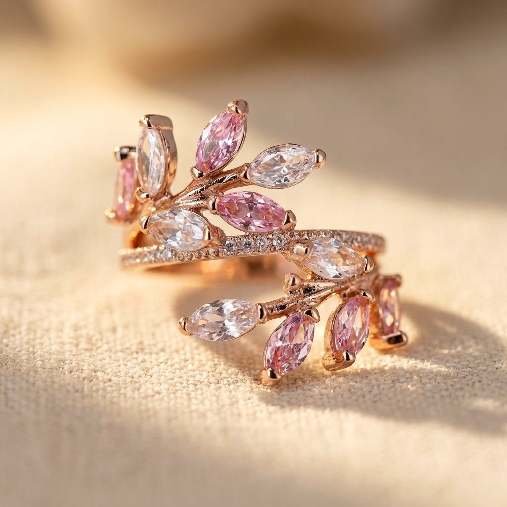 Rose Gold-Tone Bypass Ring with Pink and Clear Marquise Leaves