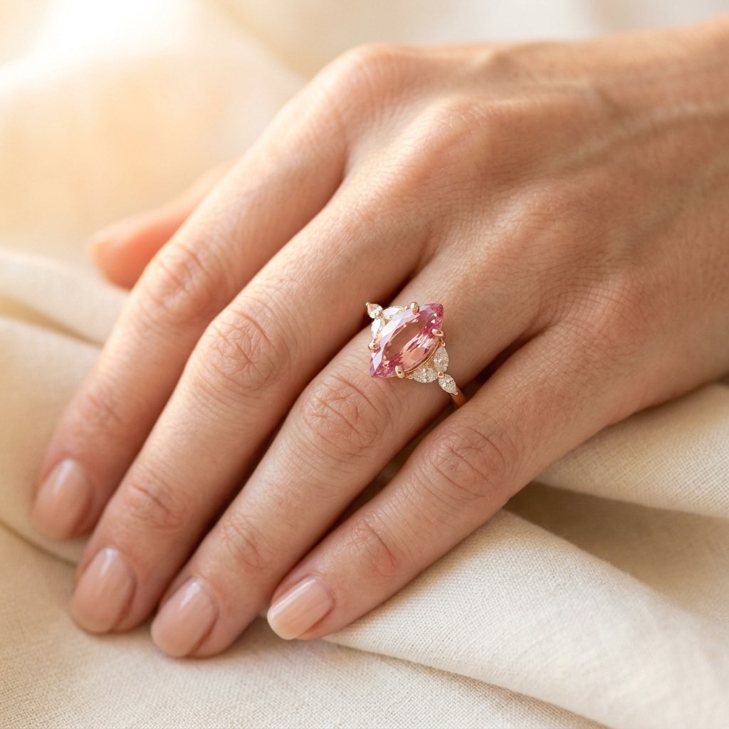 Rose Gold-Tone Pink Marquise Ring with Clear Navette Sides
