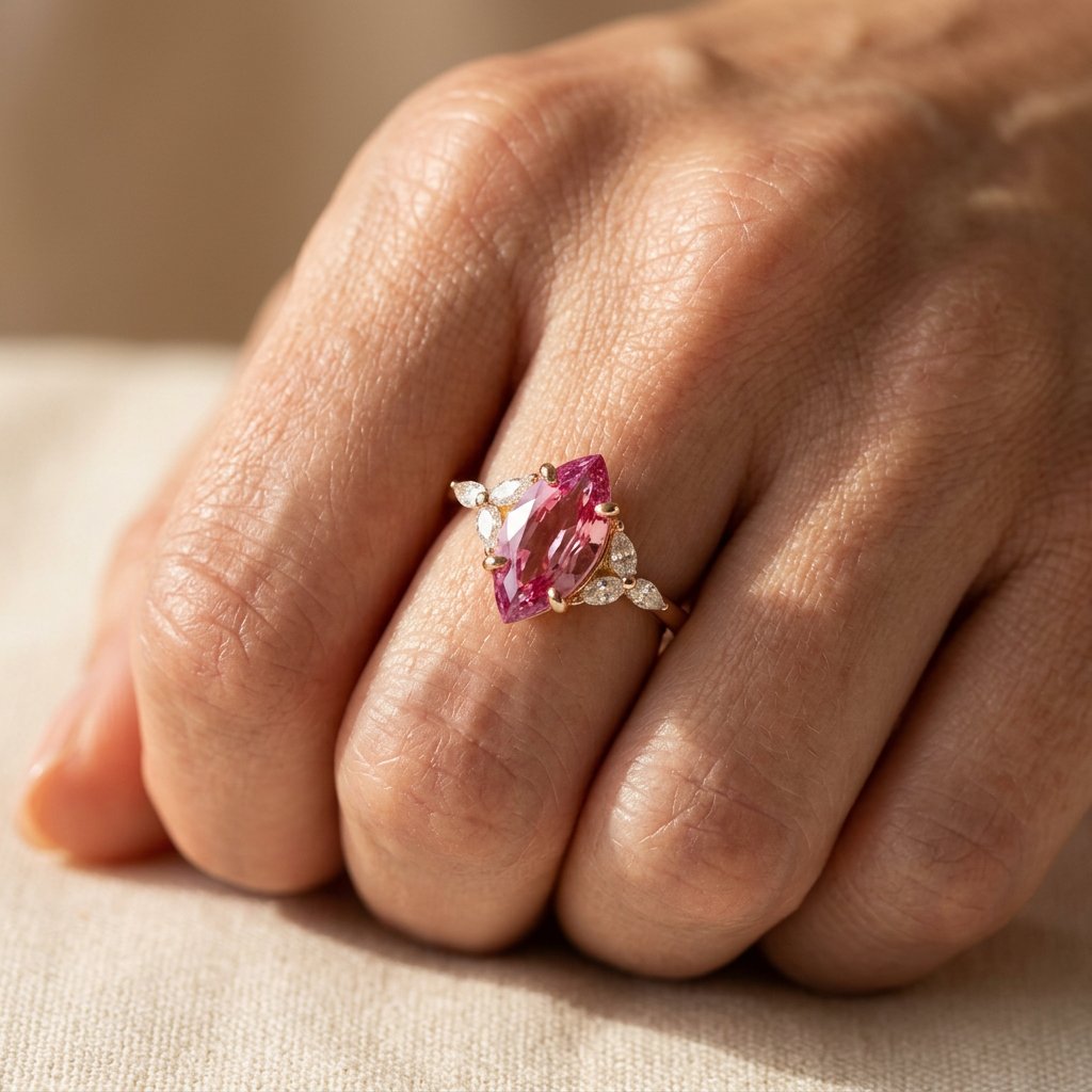 Rose Gold-Tone Pink Marquise Ring with Clear Navette Sides