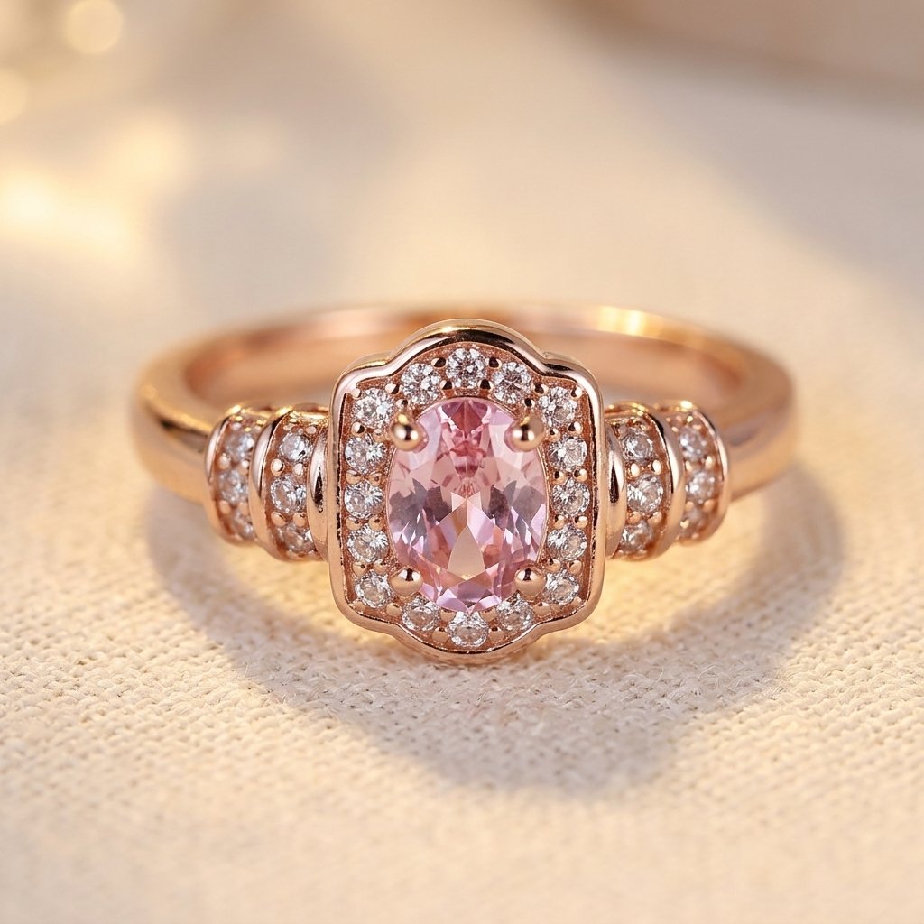 Rose Gold-Tone Vintage-Style Oval Pink Halo Ring
