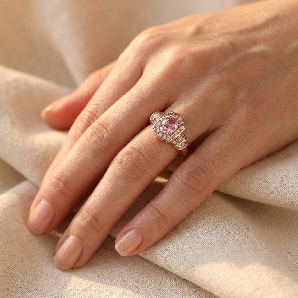 Rose Gold-Tone Vintage-Style Oval Pink Halo Ring