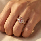 Rose Gold-Tone Vintage-Style Oval Pink Halo Ring
