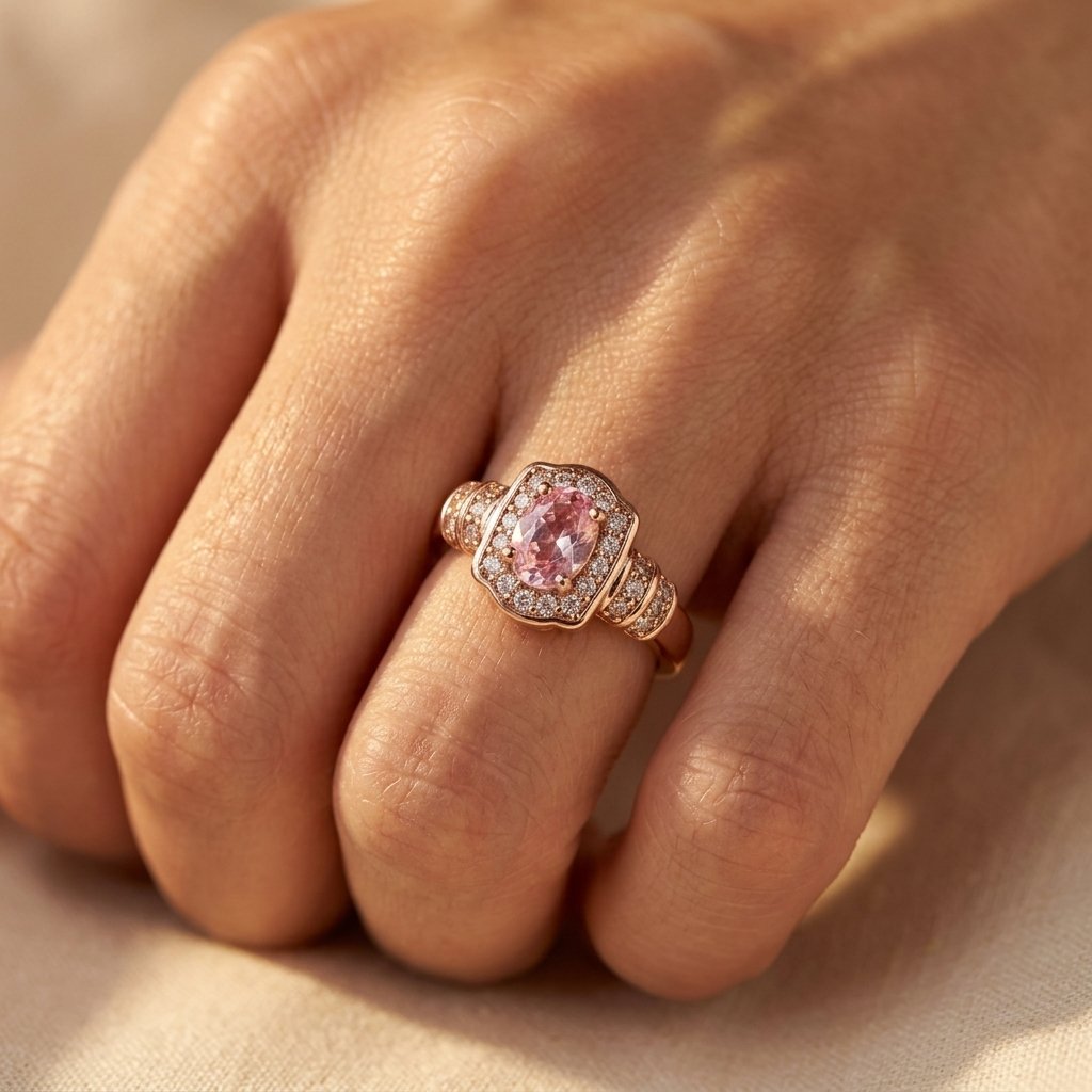 Rose Gold-Tone Vintage-Style Oval Pink Halo Ring