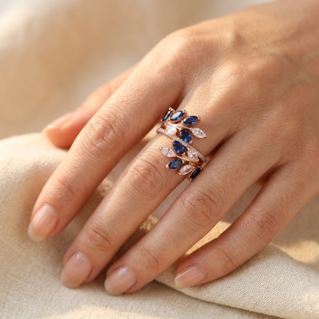 Rose Gold-Tone Bypass Ring with Blue and Clear Marquise Leaves