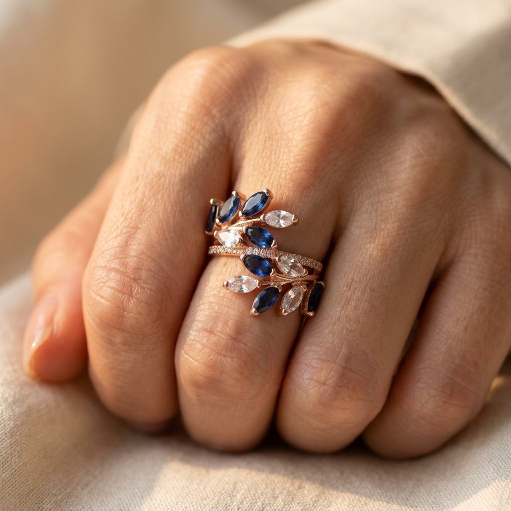 Rose Gold-Tone Bypass Ring with Blue and Clear Marquise Leaves