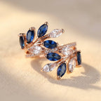 Rose Gold-Tone Bypass Ring with Blue and Clear Marquise Leaves