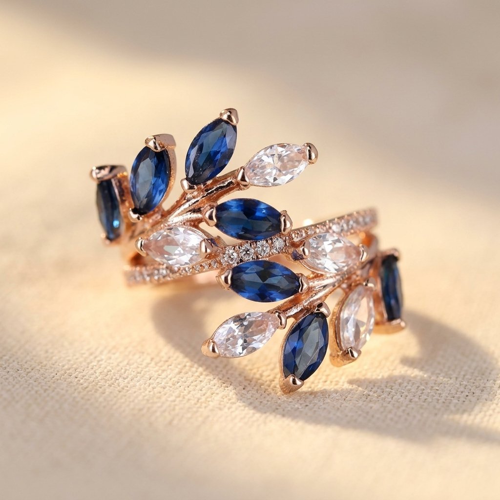 Rose Gold-Tone Bypass Ring with Blue and Clear Marquise Leaves
