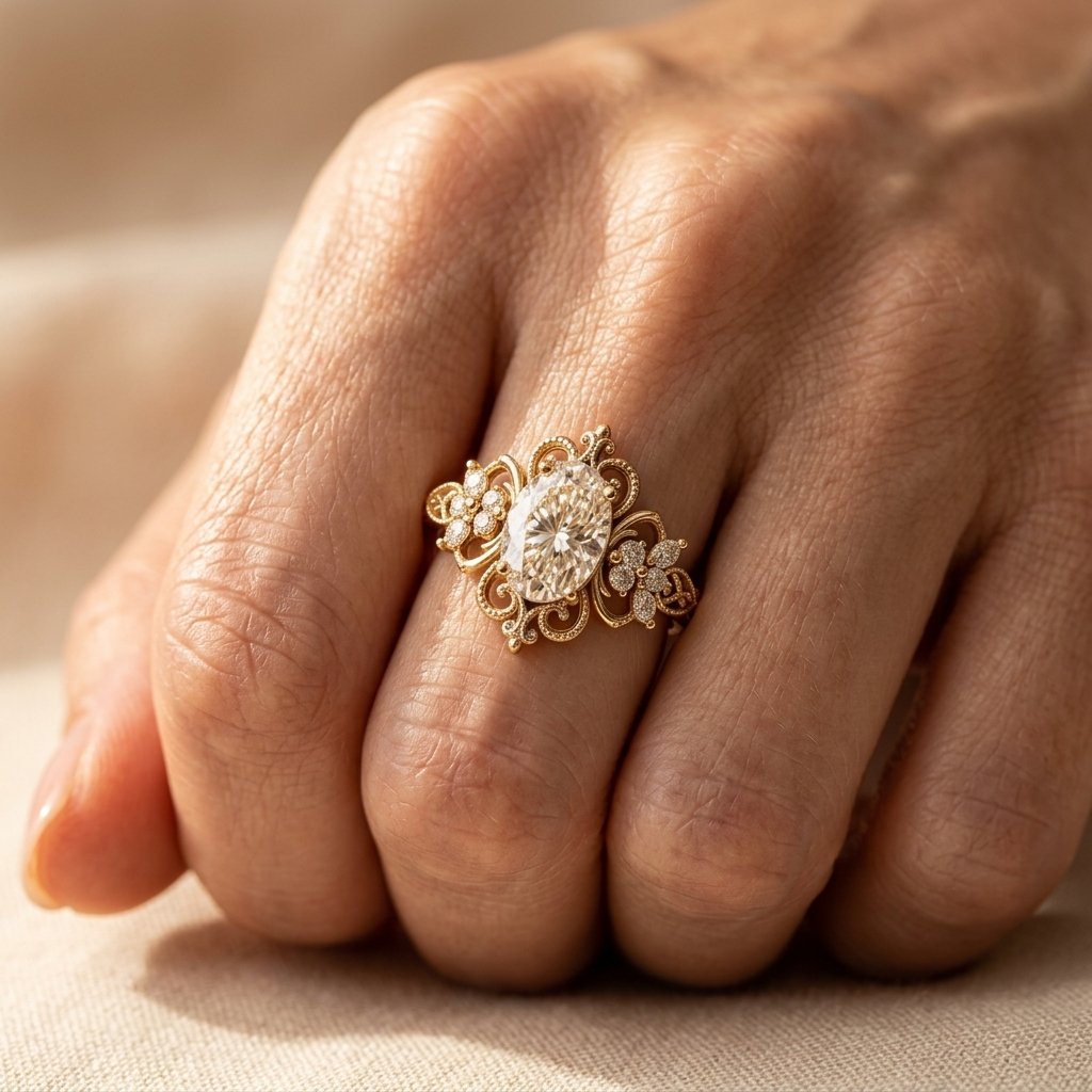 Vintage Gold Filigree Oval Stone Ring