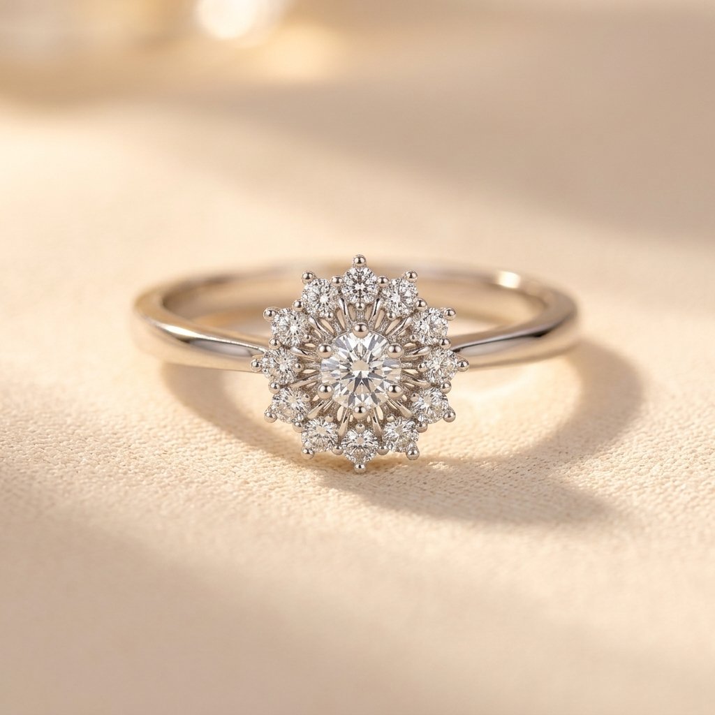 Silver-Tone Sunburst Halo Cluster Ring with Clear Stones