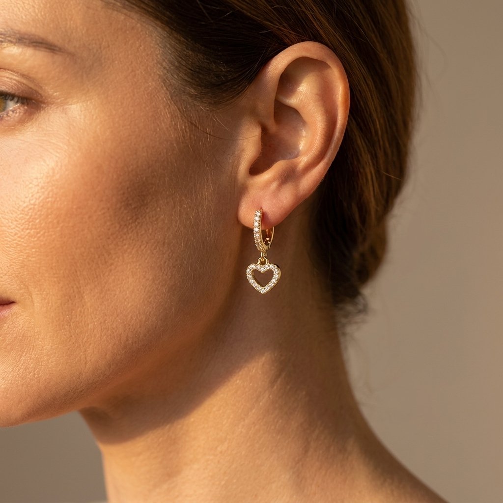 Gold-Tone Pavé Huggie Hoops with Open Heart Charms