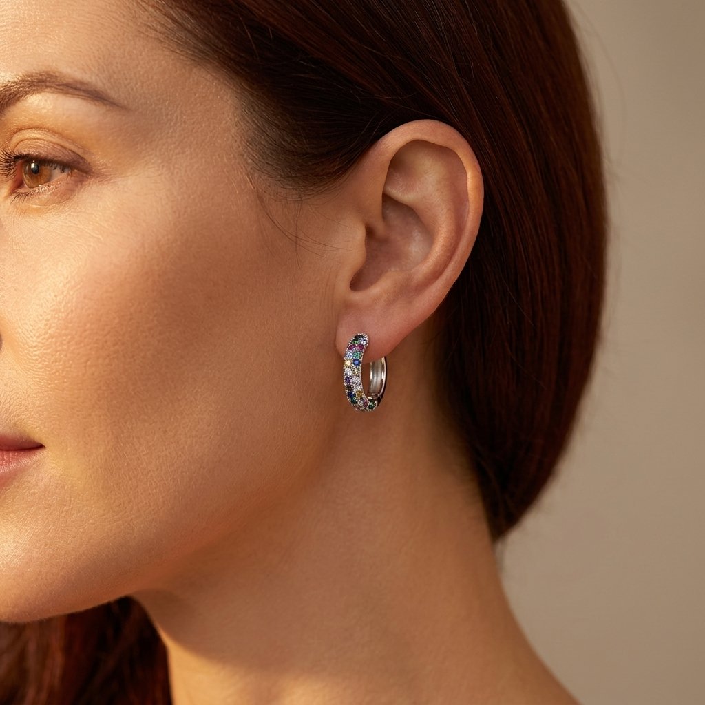Silver-Tone Rainbow Pavé Huggie Hoop Earrings